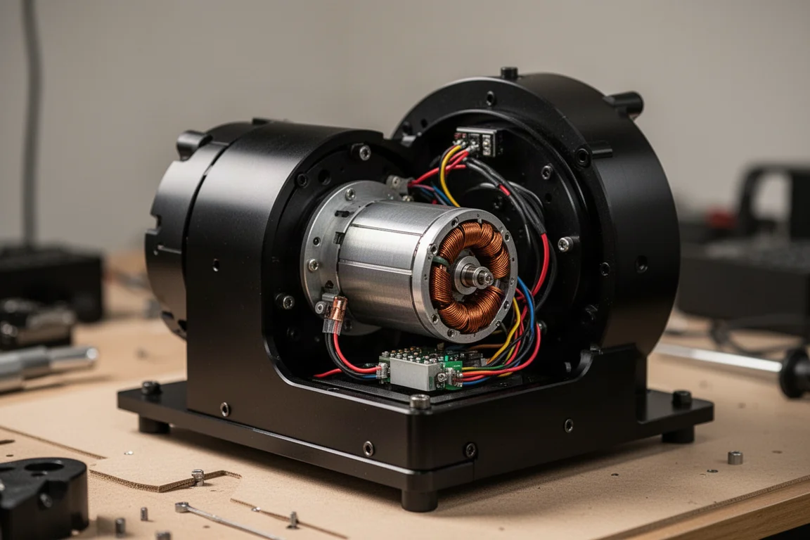 Base de simulation avec capot arrière ouvert révélant le moteur interne et le câblage