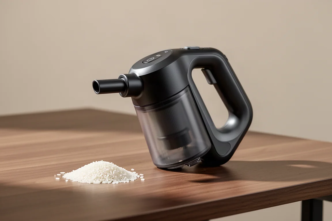 Compact handheld vacuum with nozzle and dust canister on a desk next to rice grains