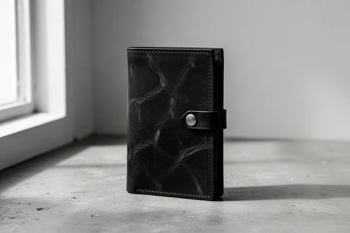 Schwarze marmorierte Lederbrieftasche im minimalistischen Design, aufrecht auf einer Betonoberfläche stehend
