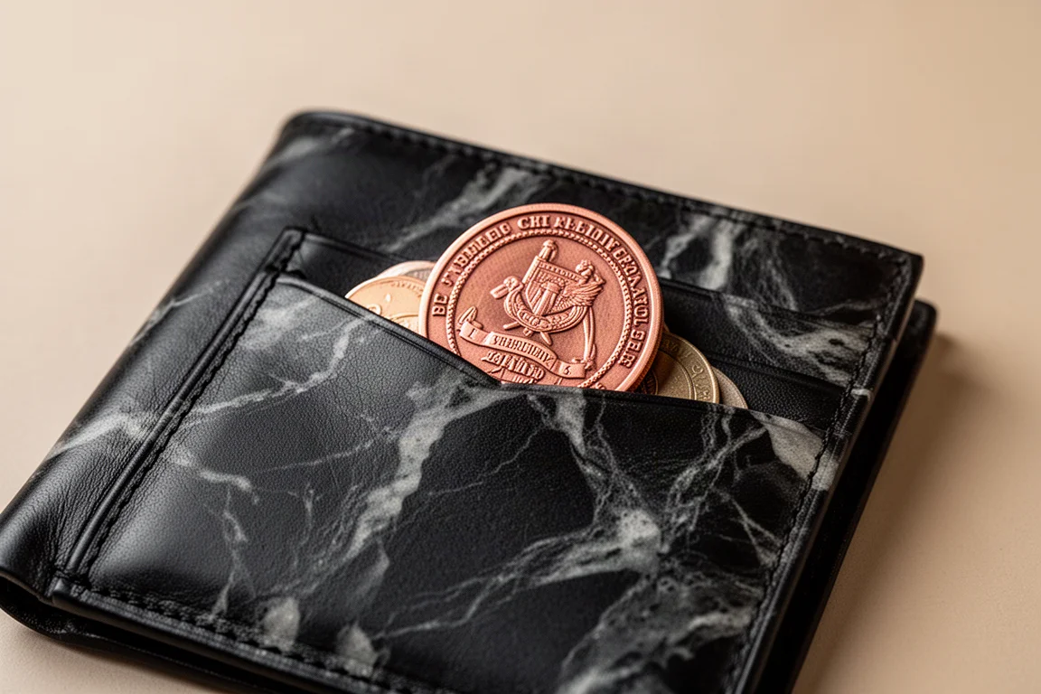 Runde kupferne Challenge Coin, die in ein vorderes Lederfach geschoben wird