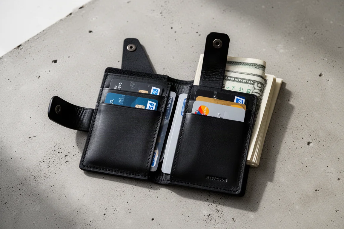 Geöffnete Brieftasche mit einem Stapel Karten und gefalteten Geldscheinen