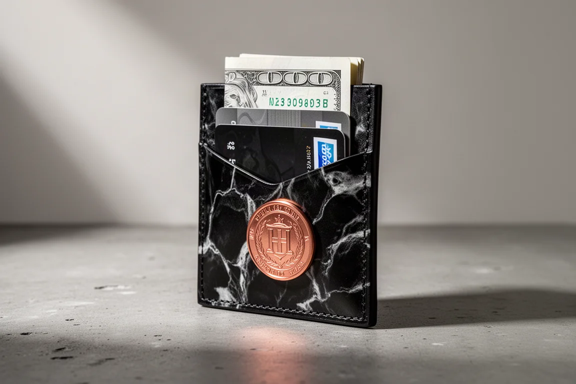Black marbled shell cordovan minimalist wallet with copper challenge coin on concrete surface