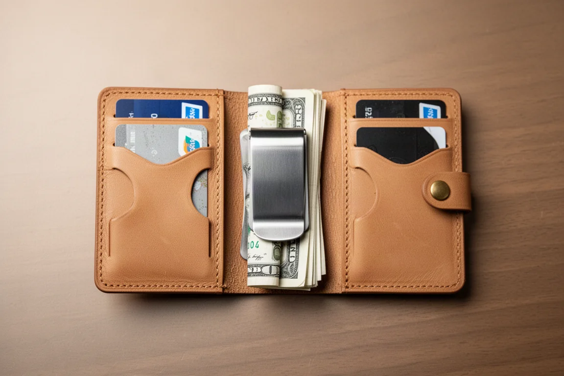 Geöffnete Money Clip Wallet mit spiegelbildlichen Kartenfächern und Messingdruckknopf
