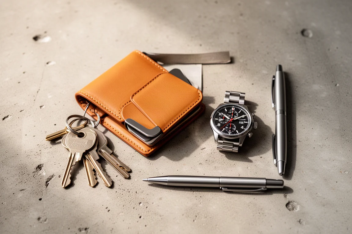 Taschenszene mit einer Leder-Wallet neben Everyday-Carry-Gegenständen