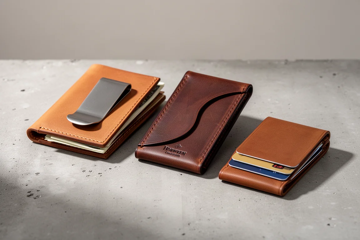 Three leather money clip wallets on a concrete surface