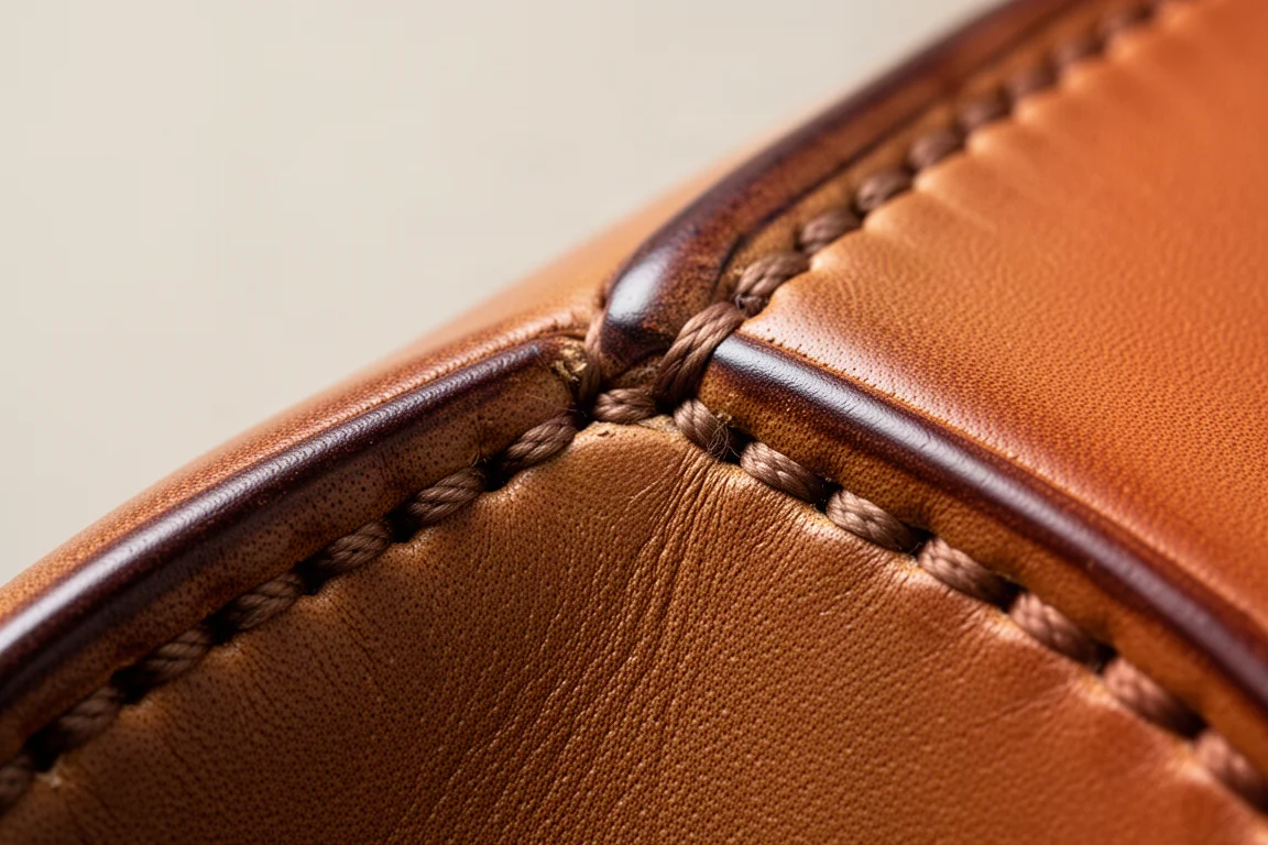 Zbliżenie na ręczne szycie saddle stitch brązową nicią na ciemnych krawędziach skóry
