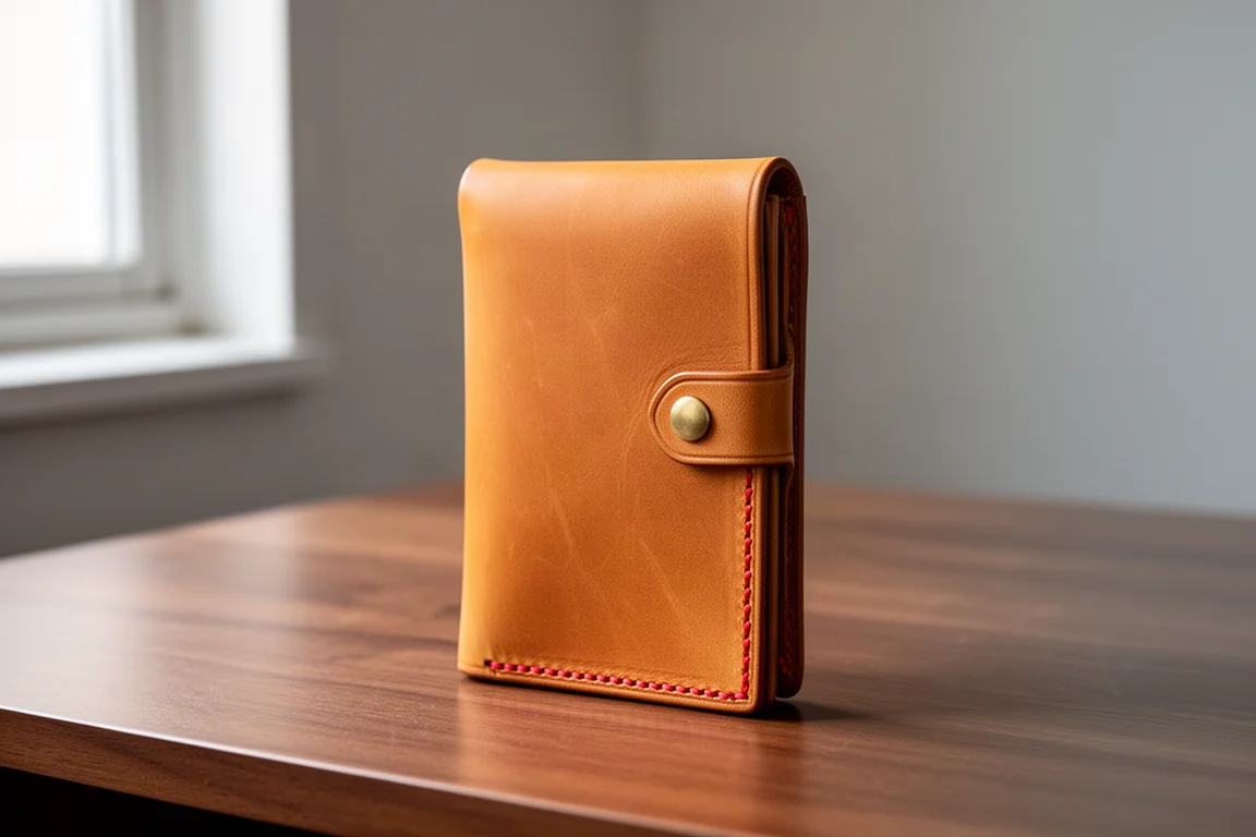 Vertical minimalist leather wallet with flap and brass snap on a wooden desk
