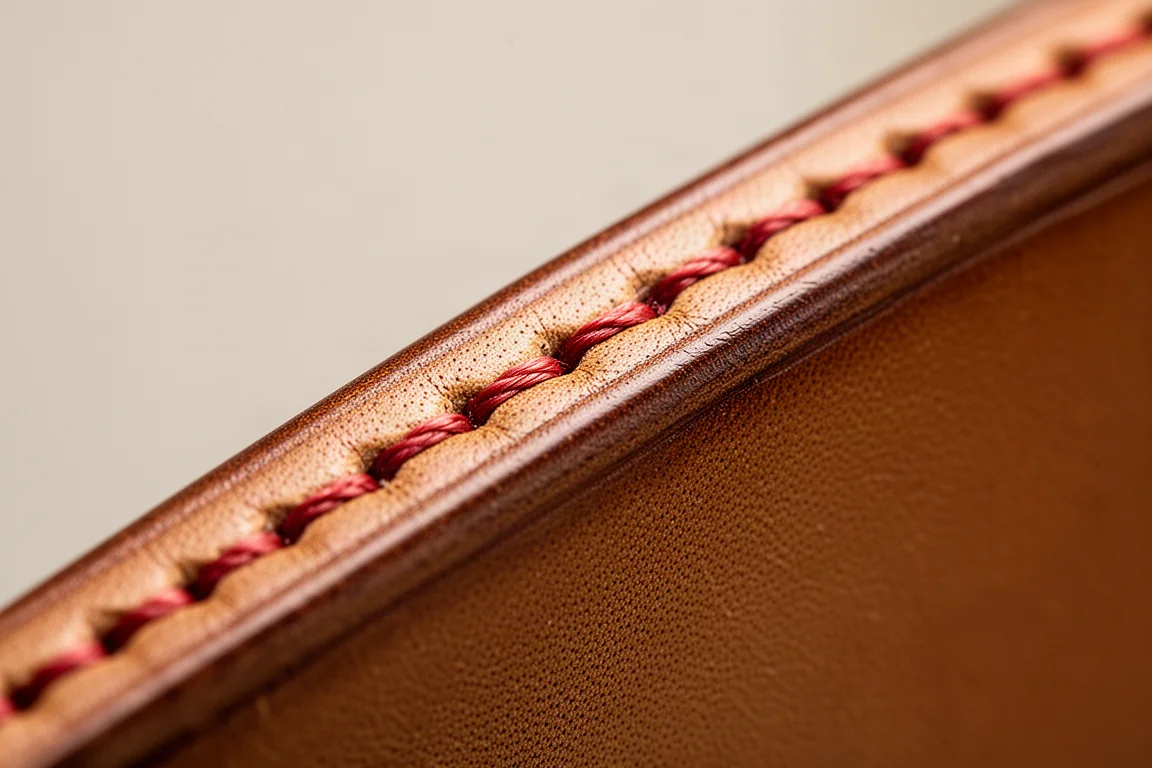 Detail view of hand-stitched red thread and polished leather edges