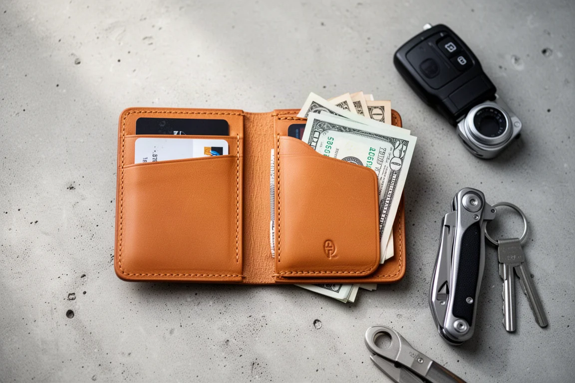 Wallet open showing card pockets and folded cash compartment