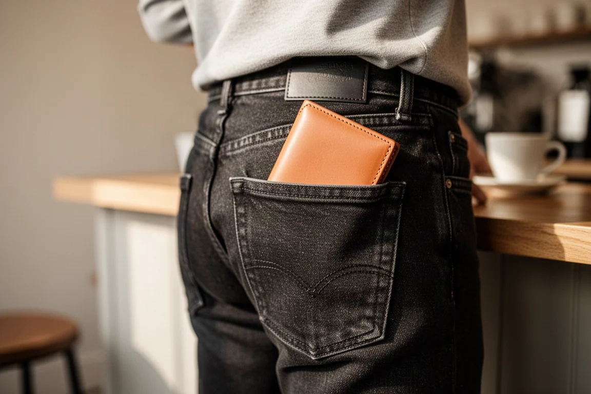 Wallet tucked in a back jeans pocket during daily use