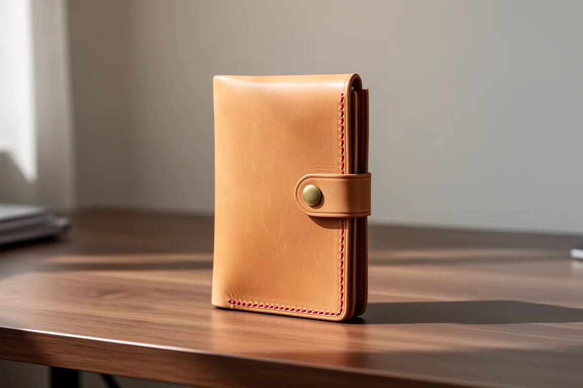 Vertical tan leather minimalist wallet with brass snap on a wooden desk