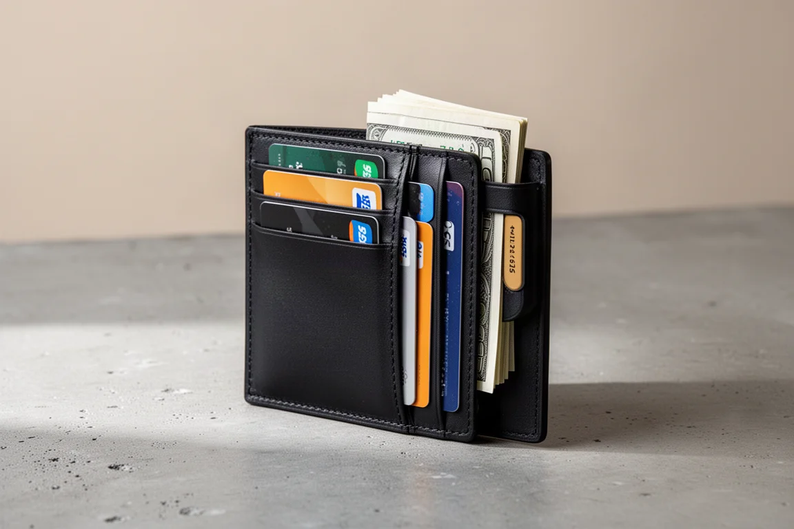 Portefeuille minimaliste rempli de cartes et de billets pliés sur un bureau