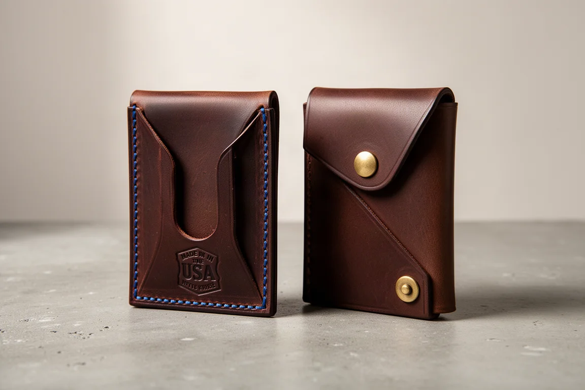 Two handmade leather minimalist wallets side by side on a concrete surface