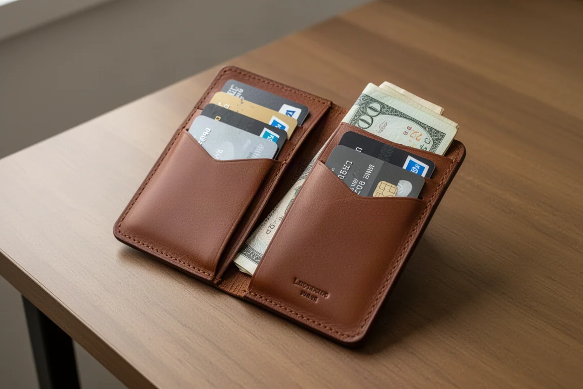 Minimale leren portemonnee volgestouwd met kaarten en gevouwen bankbiljetten op een bureau