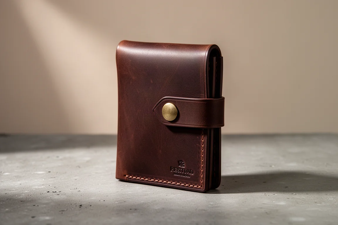 Dunkelbraune vertikale minimalistische Lederbrieftasche mit Messingdruckknopf auf Betonoberfläche