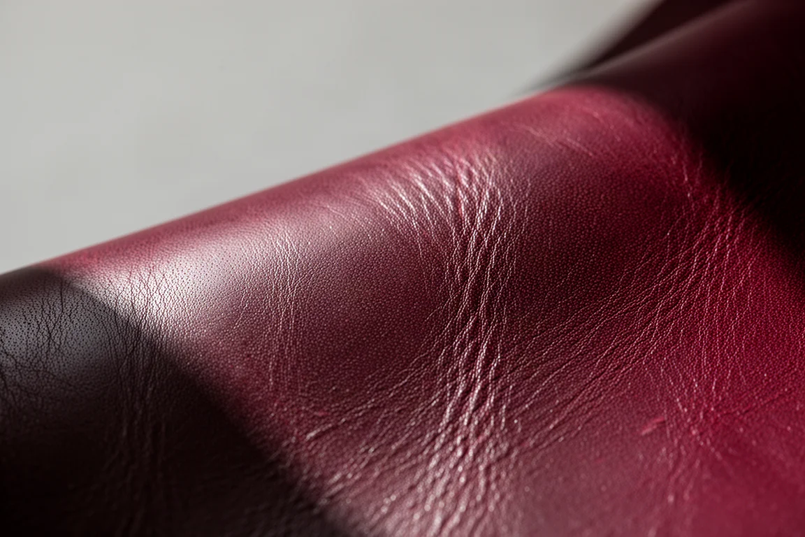 Close-up de couro full grain ceroso mostrando sua textura natural
