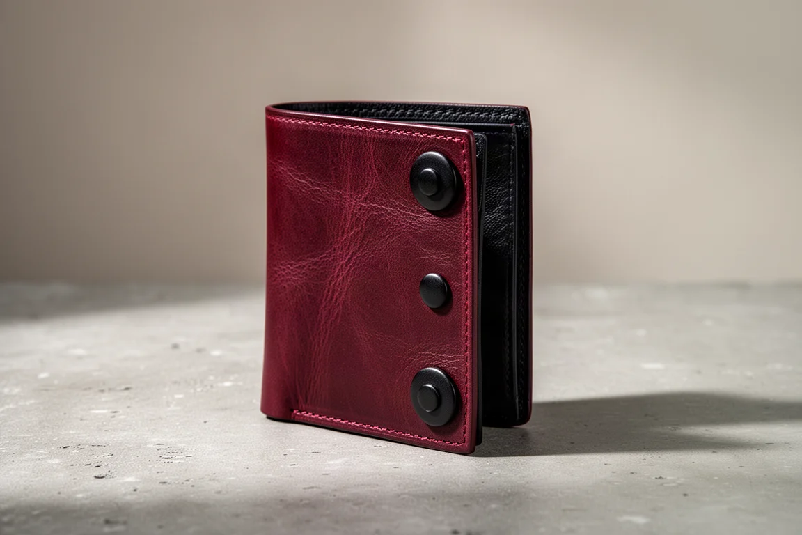 Portafoglio bifold verticale in pelle bicolore appoggiato su una superficie di cemento