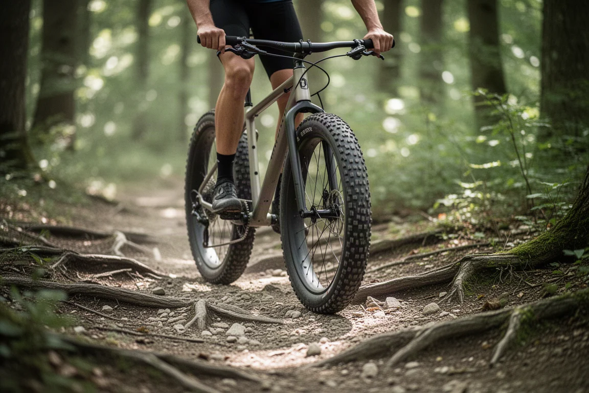 Drop-bar bike with high-volume tyres rolling along a rough woodland trail