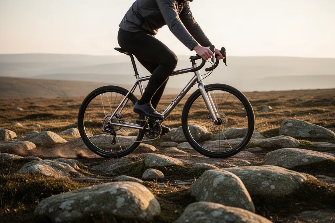 Cyclist riding a titanium drop-bar bike across a rocky bridleway at golden hour