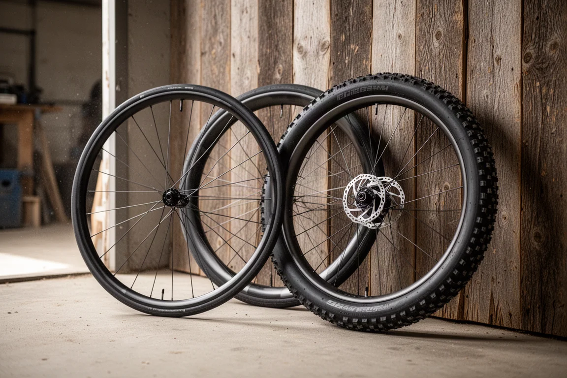 Two wheelsets leaning against a wall, one with slim road tyres and one with fat knobby tyres