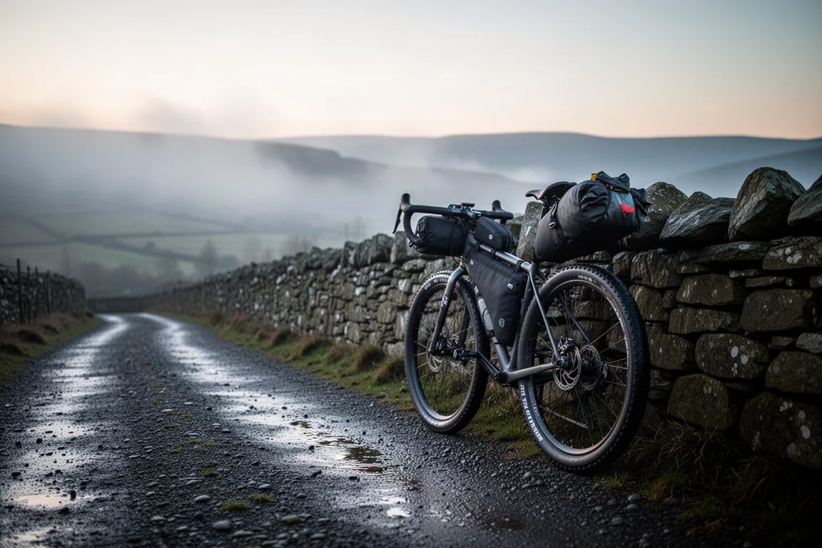 Bikepacking-loaded drop-bar bike resting against a stone wall at dawn in the hills