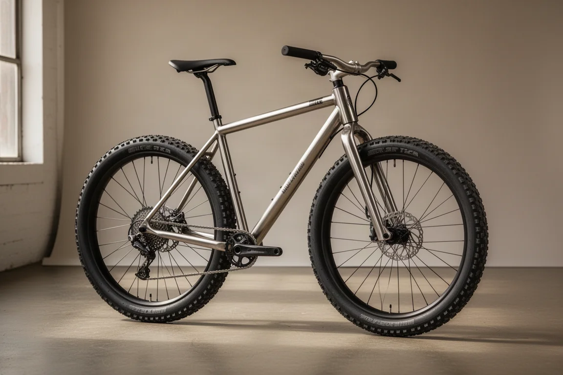 Titanium drop-bar off-road bike with fat knobby tyres photographed in a studio