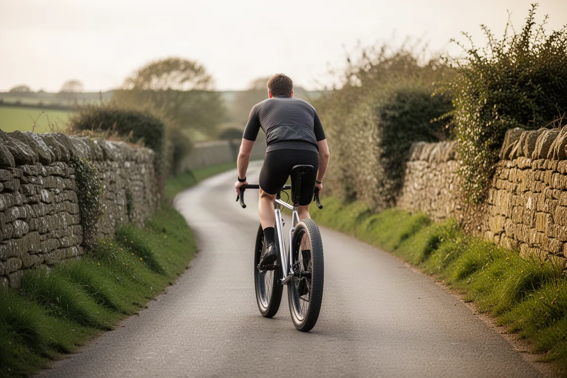 Cycliste roulant sur un vélo en acier le long d'une petite route de campagne ensoleillée en pleine nature