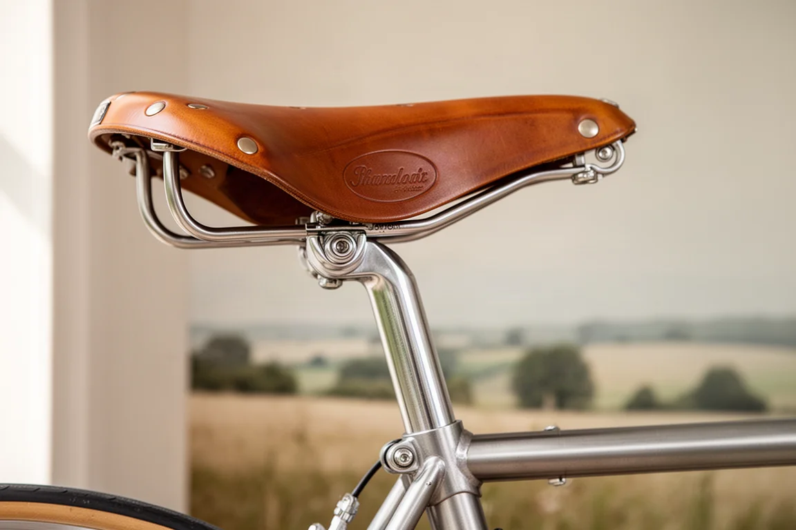 Gros plan sur une selle en cuir et un détail de raccord de cadre en acier poli