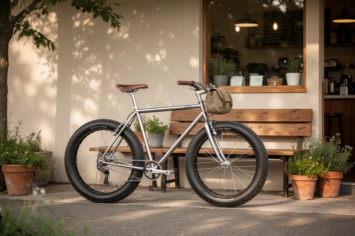 Vélo en acier garé devant un café de campagne avec une sacoche de selle attachée