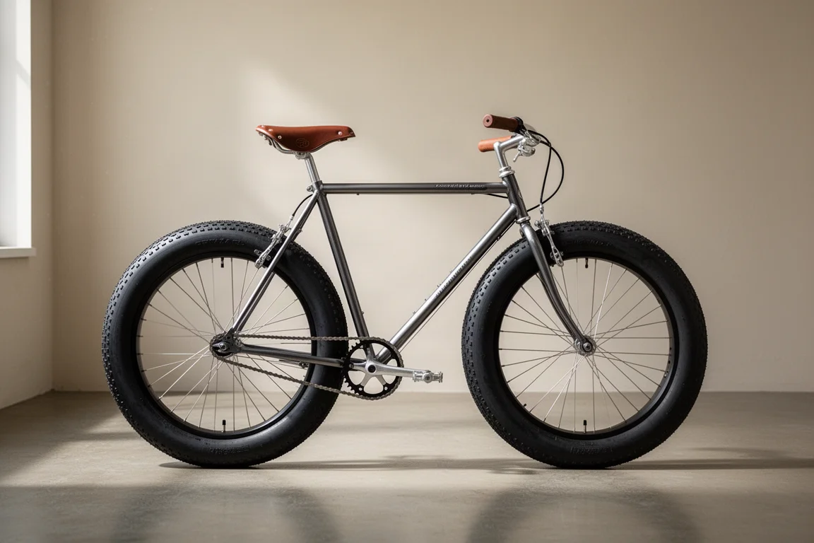 太いタイヤと茶色のレザーサドルを備えたラグ付きスチールのドロップバーバイクを、コンクリート上で横向きに撮影