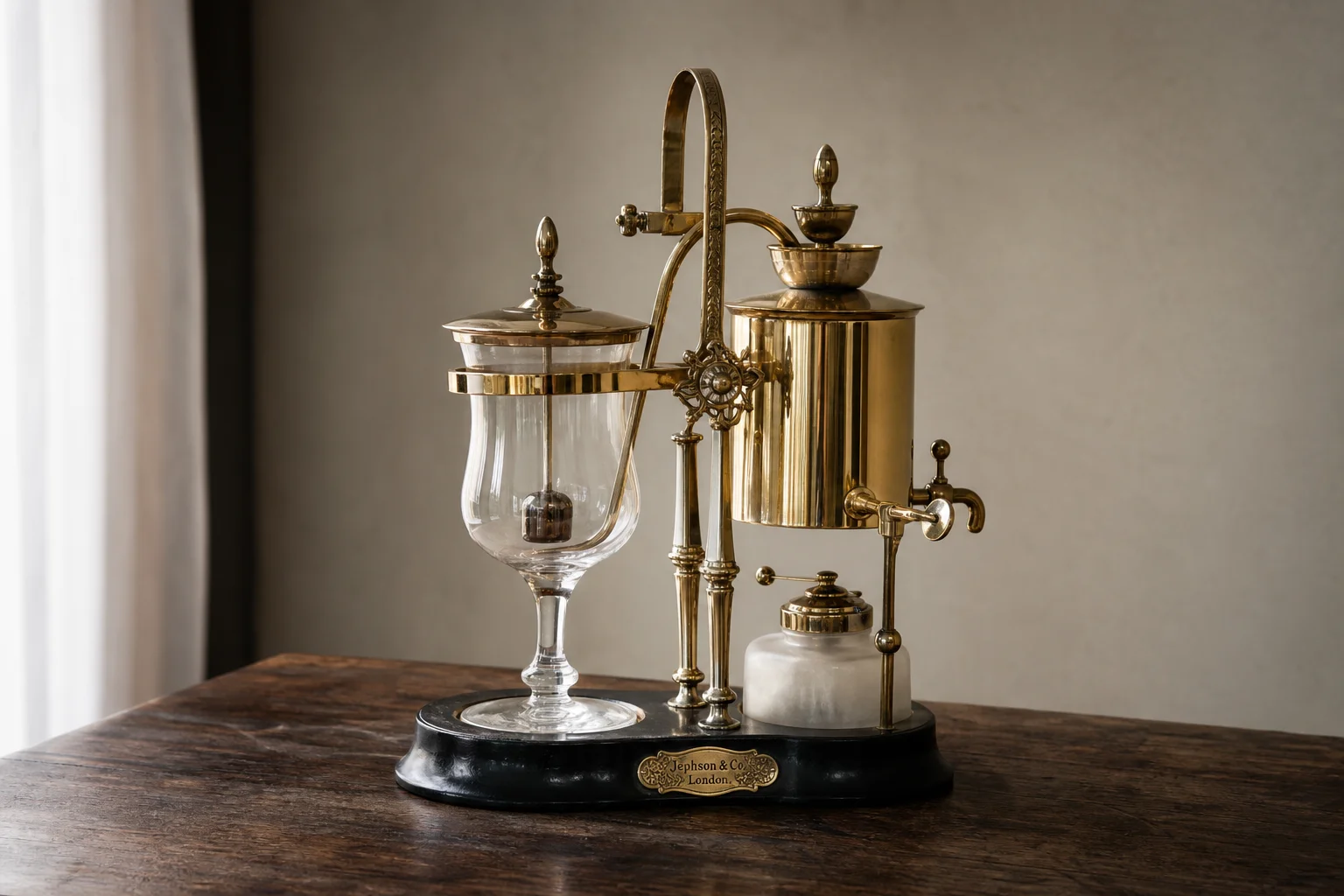 Vintage siphon brewer with decorative brass fittings and ornate design