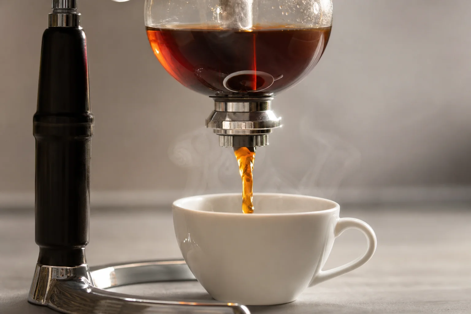 Brewed coffee pouring from siphon chamber into a waiting cup
