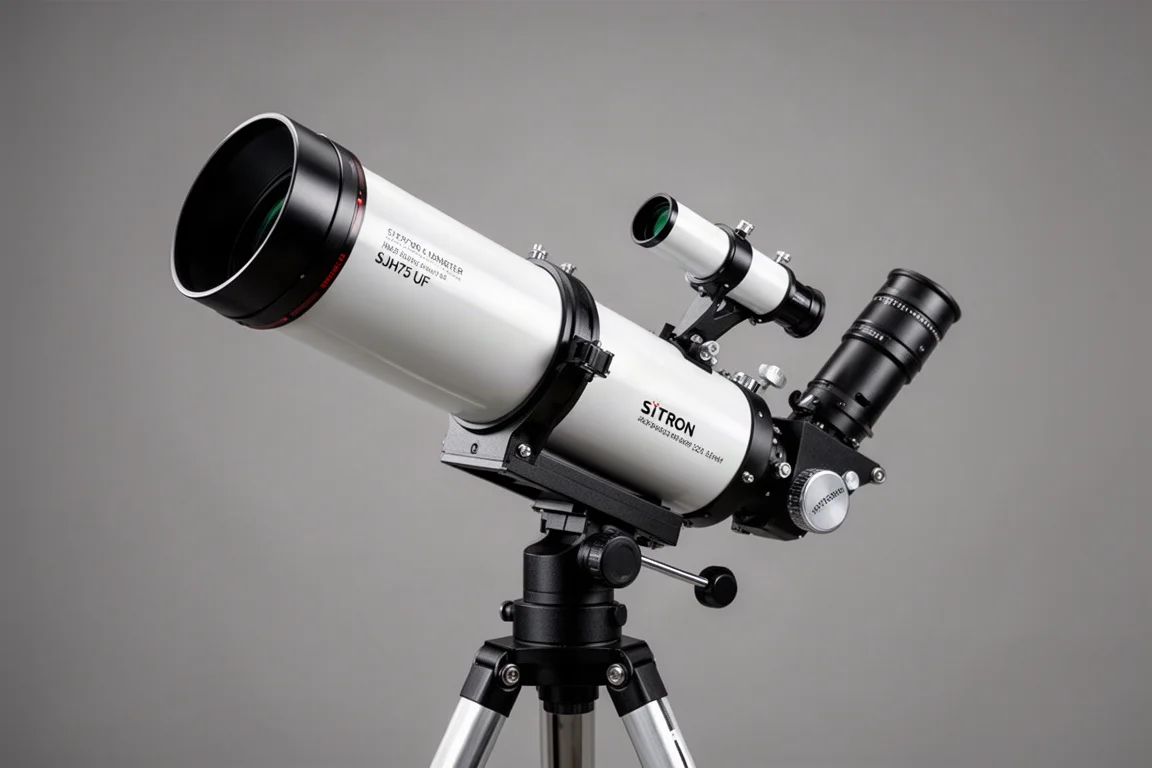 Astrofotografie-Ausrüstung mit Teleskop, Kamera und Fokussierer auf dunkler Oberfläche