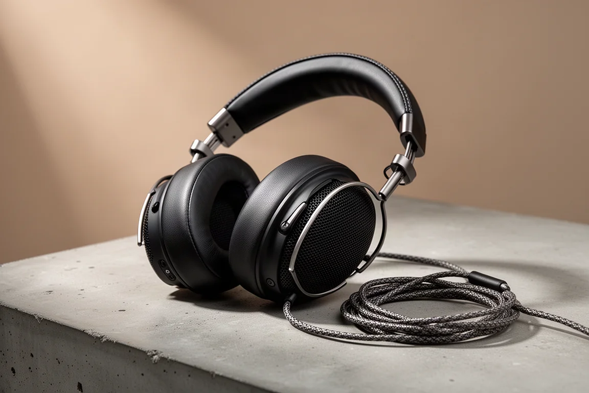 Open-back over-ear headphones with black wire mesh grilles on a matte concrete surface