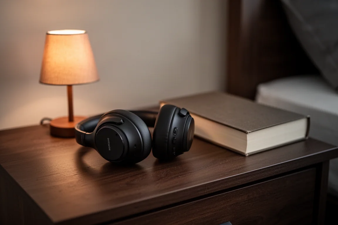 Auriculares cerrados sobre una mesita de noche de madera junto a una lámpara cálida y un libro cerrado