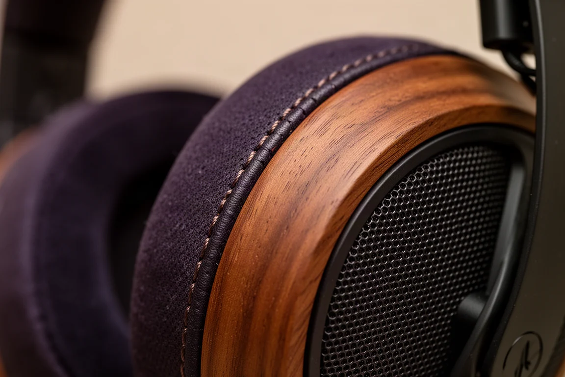 Detalle macro de un auricular de madera, la costura de la almohadilla y la rejilla de malla