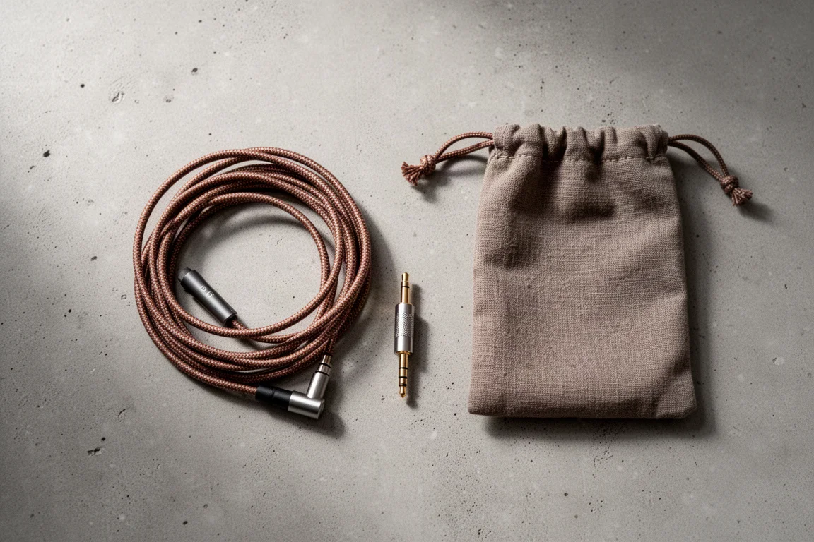Vista cenital de un cable de tela, un adaptador de 6,3 mm y un estuche de tela