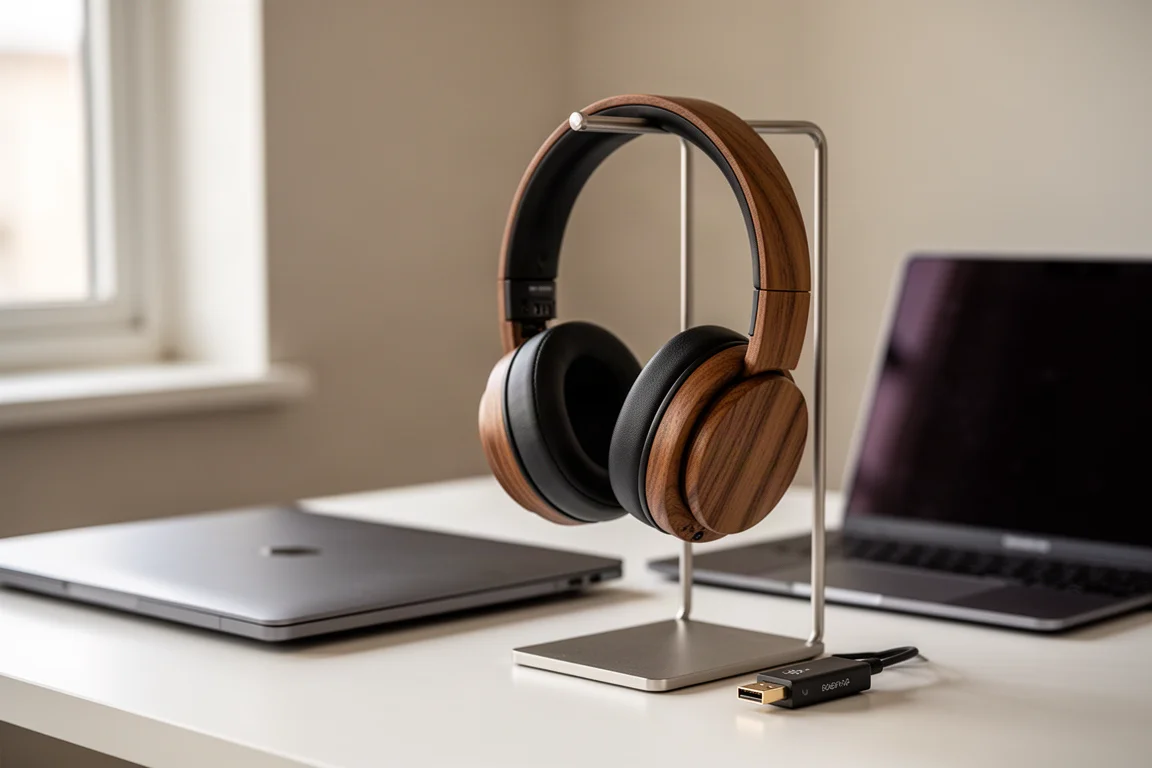 Auriculares con auriculares de madera sobre un soporte junto a un portátil y un pequeño adaptador de audio