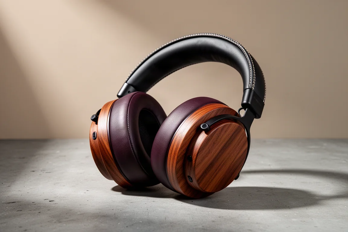 Closed-back headphones with brown wooden ear cups resting on a matte concrete surface