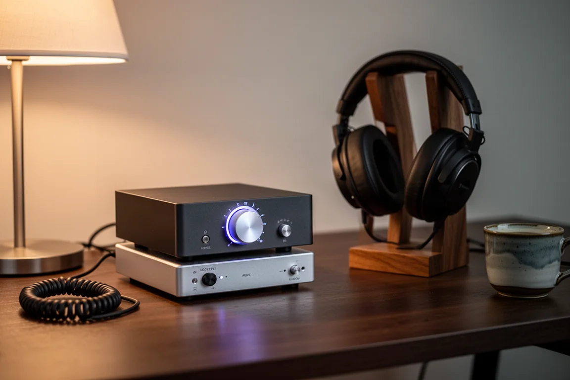 Scrivania per l'ascolto serale con un amplificatore per cuffie acceso e cuffie su un supporto in legno