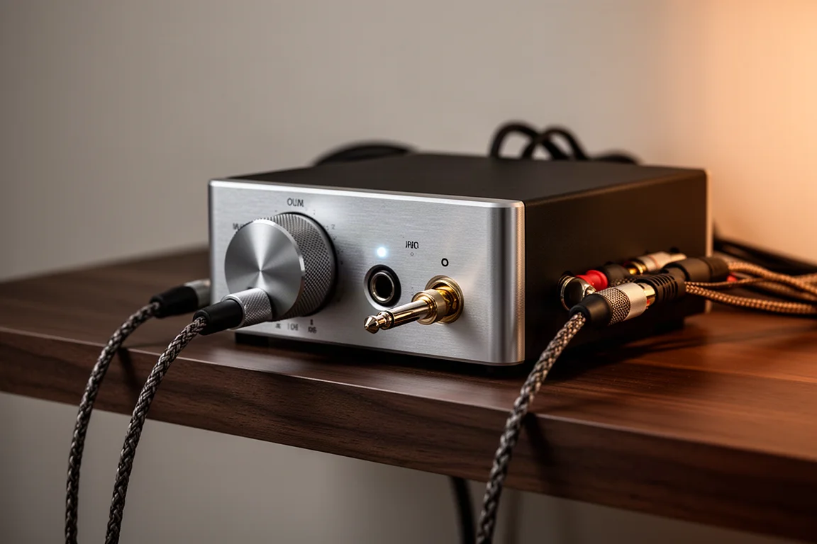 Primo piano della manopola di un amplificatore per cuffie da scrivania con un cavo intrecciato collegato