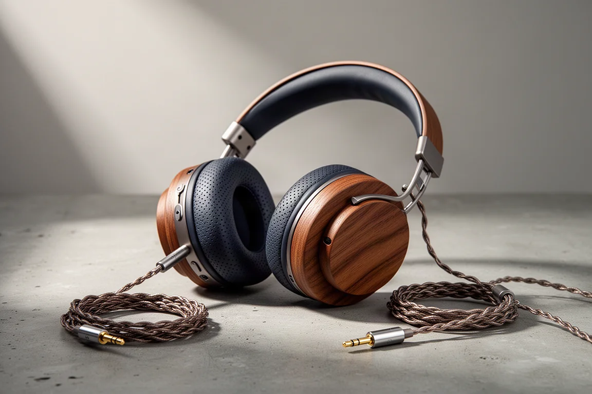 Over-ear headphone with wooden earcups and a metal headband on a concrete surface