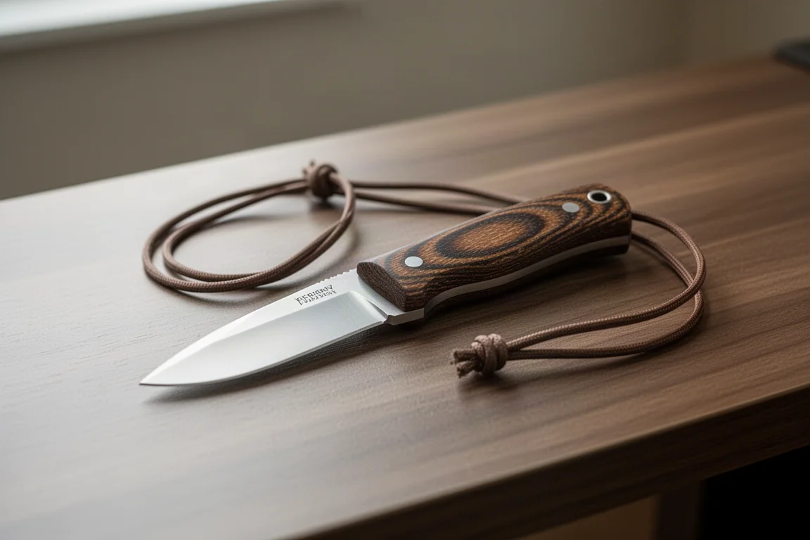 Petit couteau à lame fixe avec plaquettes de manche en Micarta marron posé sur un bureau en bois
