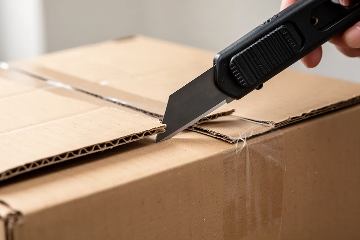 Gros plan sur une lame de couteau utilitaire crochue qui tranche le rabat d'un carton