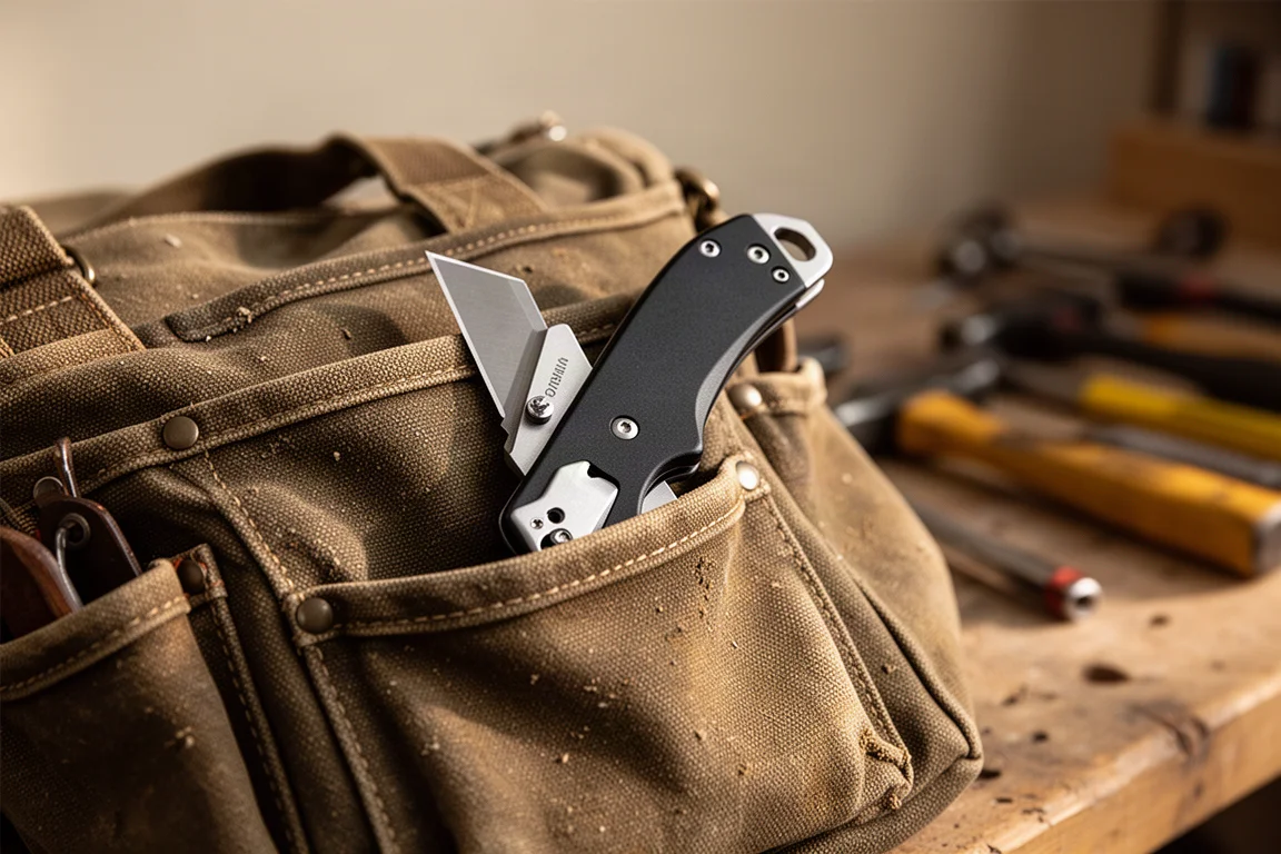 Couteau utilitaire clipé au bord d'une sacoche à outils en toile posée sur un établi