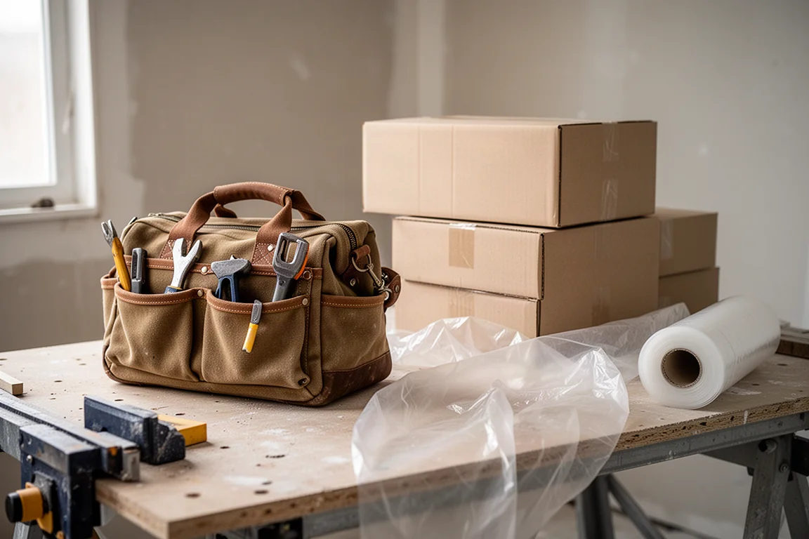 Scène de chantier avec une sacoche à outils, des cartons et une bâche en plastique sur un établi