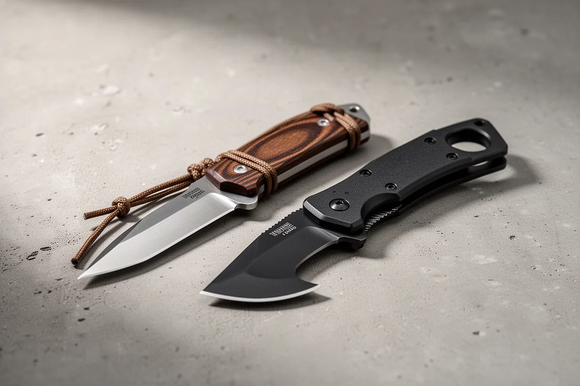 SIVIVI Elementum Mini neck knife and Incisor 2 hooked utility knife side by side on concrete