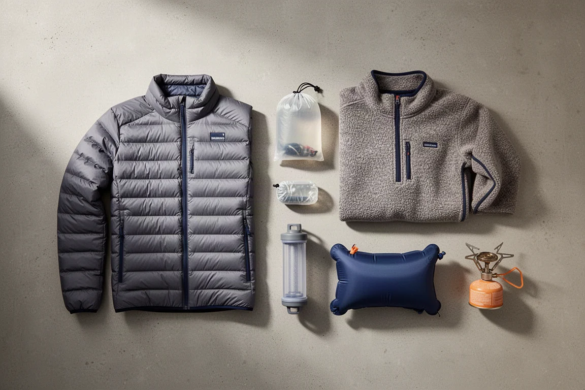 Flat-lay of backpacking gear including a down jacket, fleece, filter, pillow, and stove on concrete
