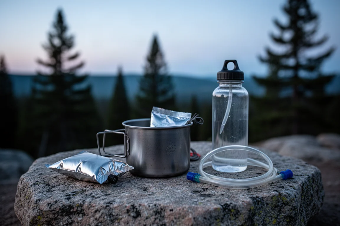 Artículos de cocina de campamento para mochilero dispuestos sobre una losa de granito plana al atardecer