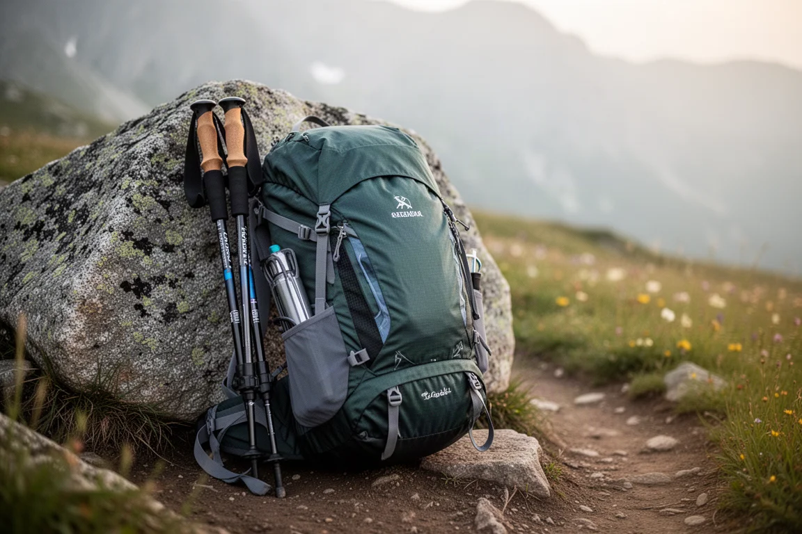 Mochila ultraligera apoyada en una roca con bastones de trekking guardados en el lateral